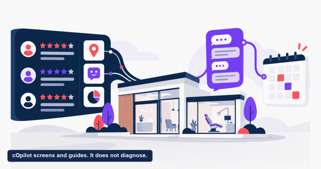 A broad reputation and review platform beside a narrow dental chat widget feeding a clinic appointment calendar
