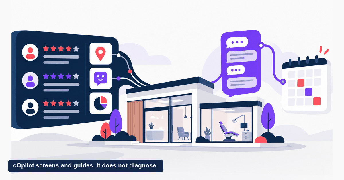 A broad reputation and review platform beside a narrow dental chat widget feeding a clinic appointment calendar