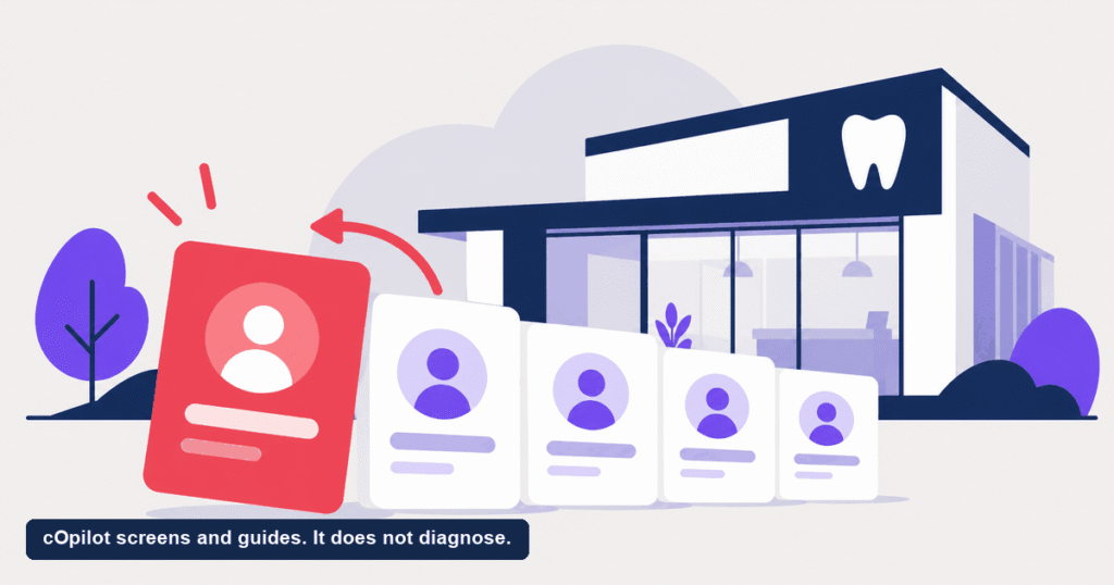 A queue of appointment cards outside a dental clinic with one urgent card lifted clear to the front
