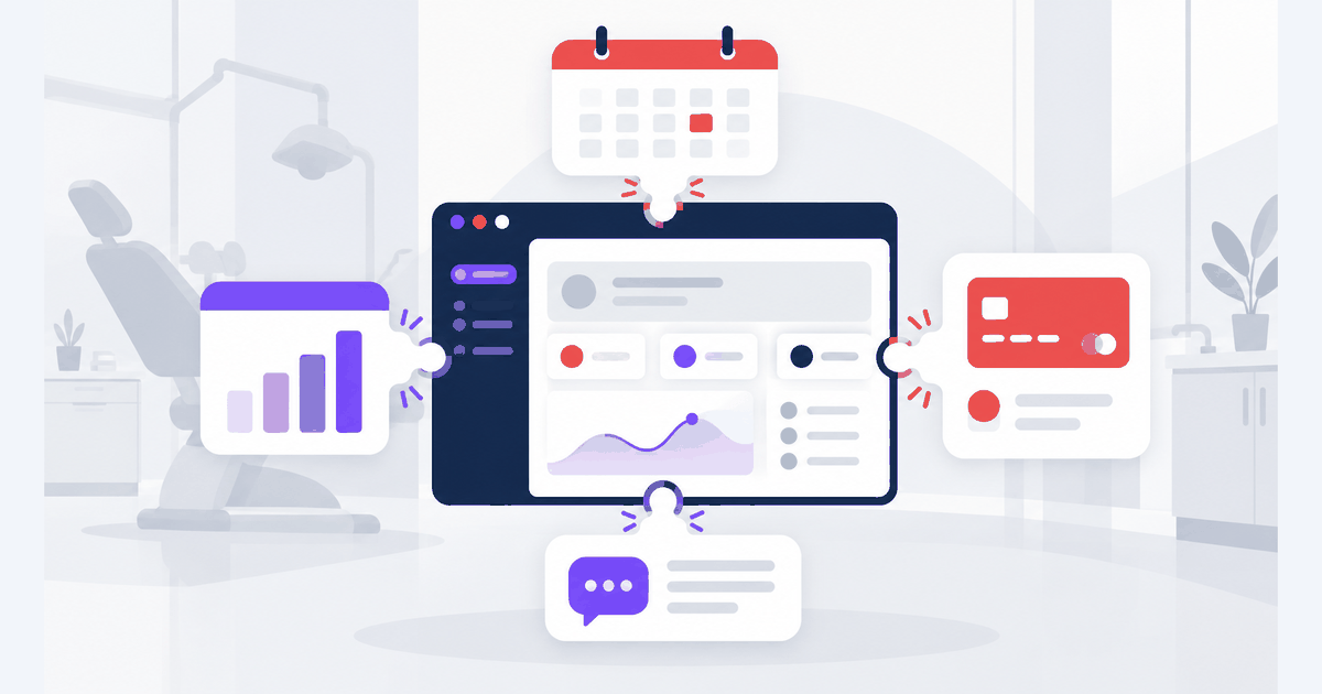 A dental practice dashboard with scheduling, charting, billing and messaging modules connecting into a single system