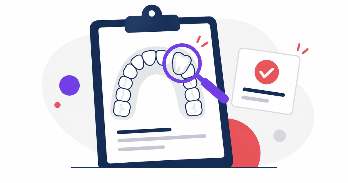 Flat illustration of a dental chart on a clipboard with a magnifier over one tooth