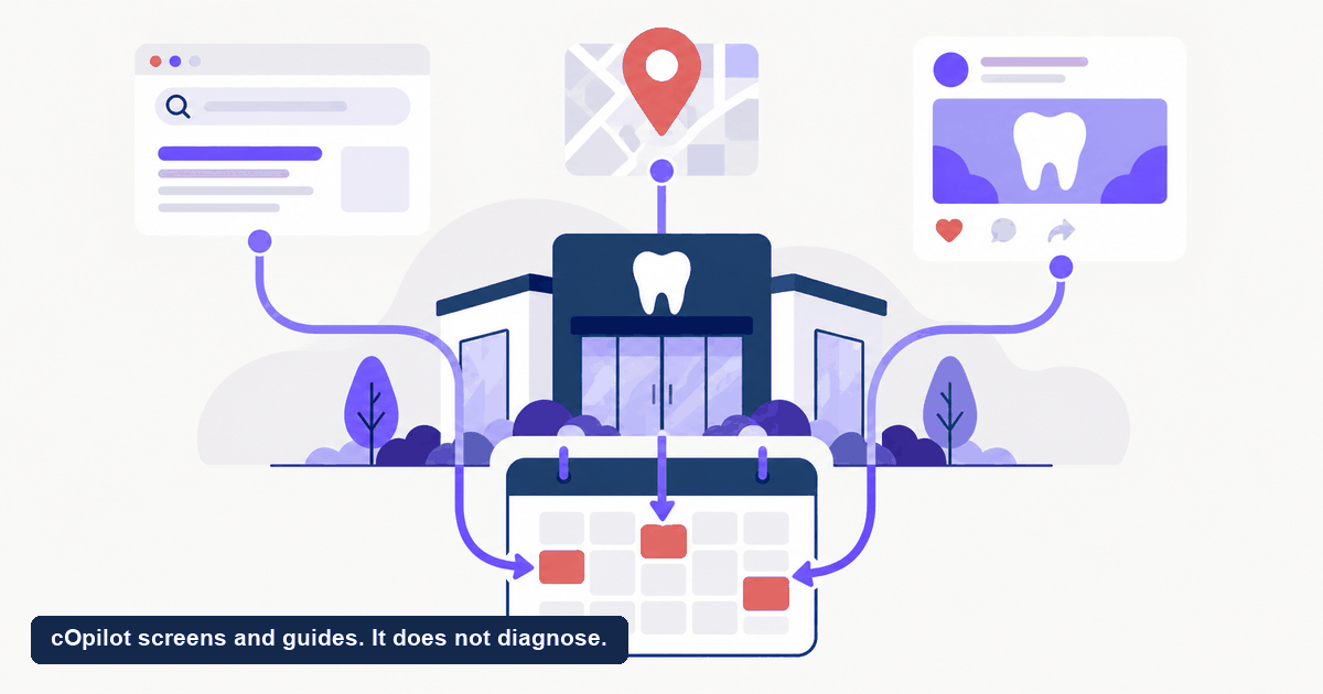 Three inbound paths from search, maps and social converging on a dental clinic's shared appointment calendar