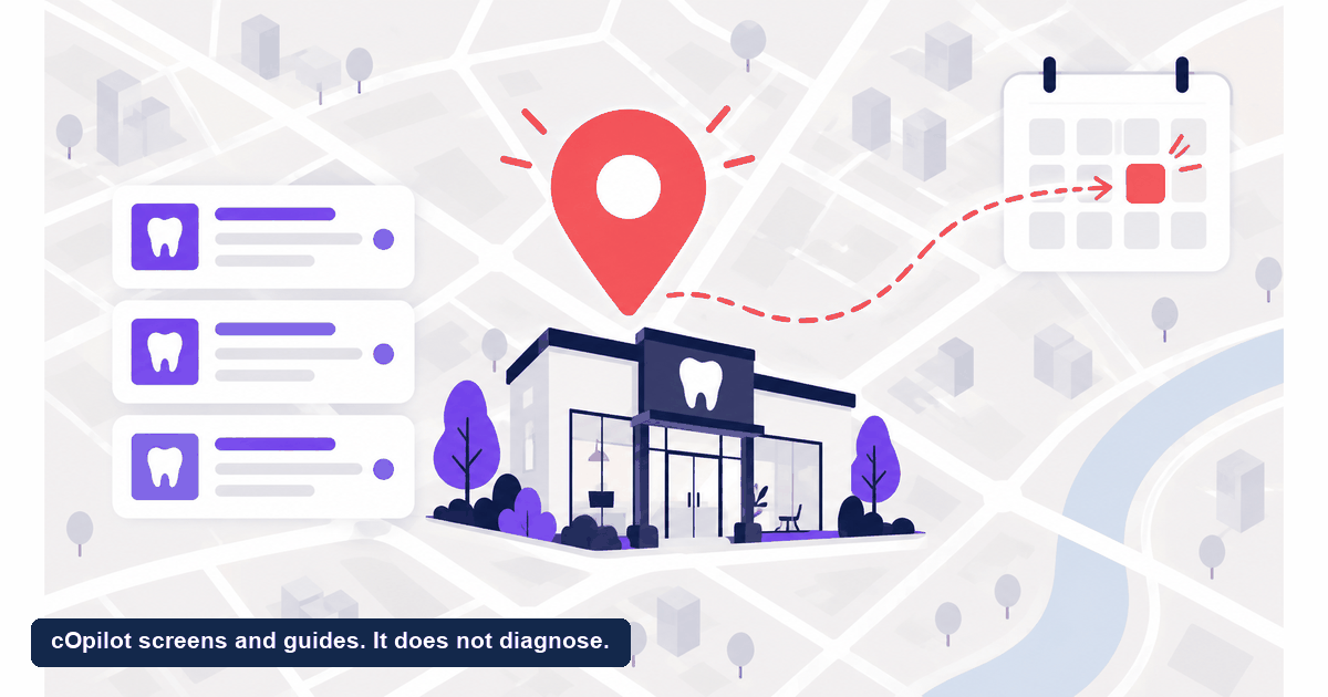 A map pin marking a dental clinic above local search result cards, leading to a booked appointment slot