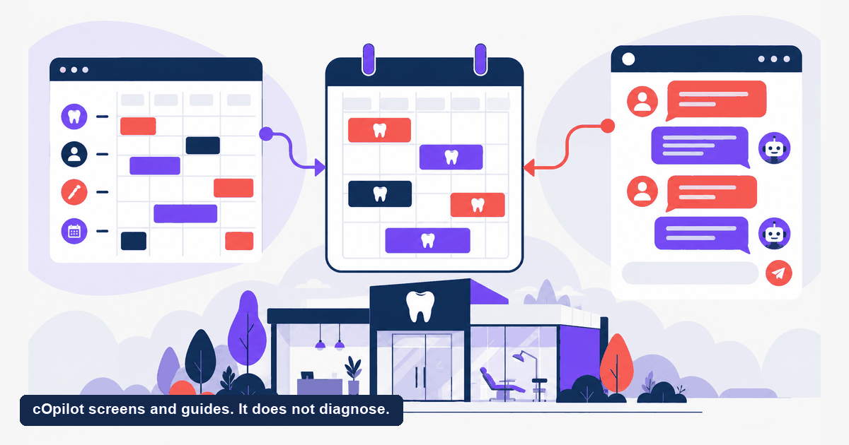 A scheduling and sync grid beside a conversational chat widget, both feeding one shared dental clinic calendar