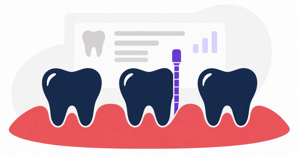 Flat illustration of teeth along a gum line with a depth marker beside one tooth