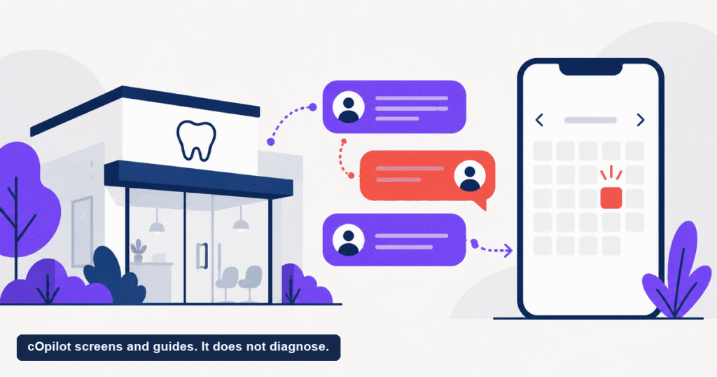 A short text message thread running from a dental clinic to a phone and ending in a confirmed appointment slot
