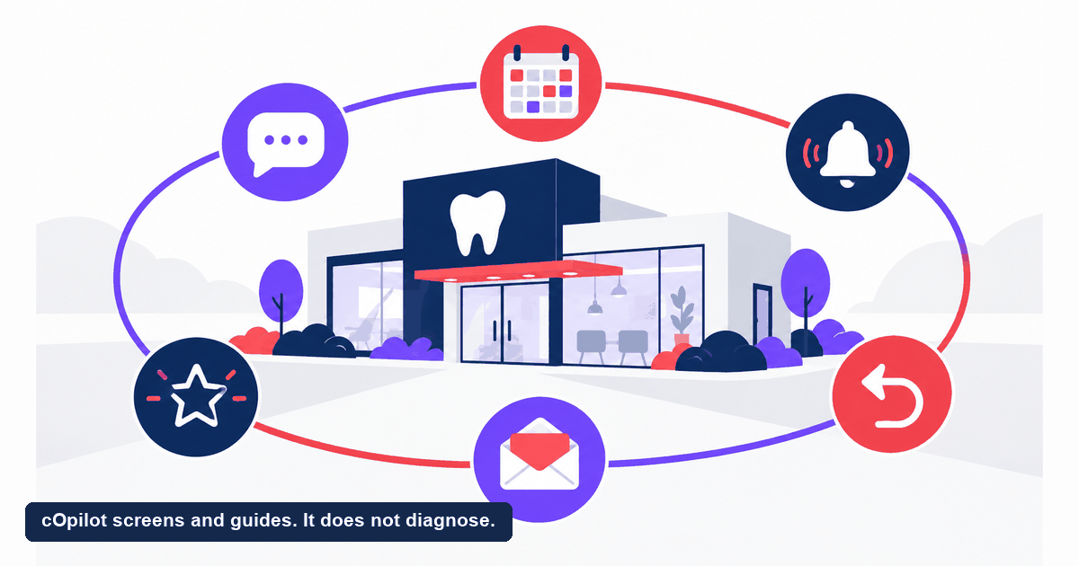 A continuous loop around a dental clinic marking six patient communication stages from first inquiry through to review