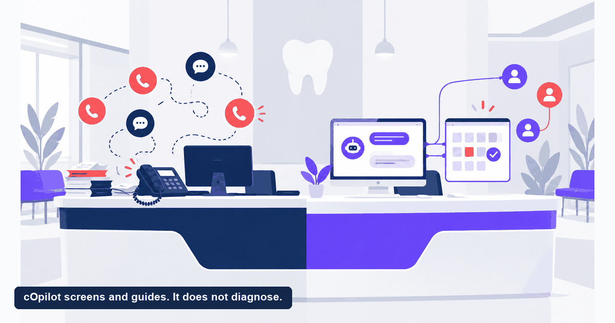 A phone and messaging console beside an independent chat widget and calendar, shown as two layers of a dental front desk