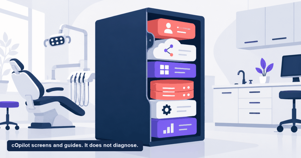 A cutaway of one practice management system showing six stacked modules inside it