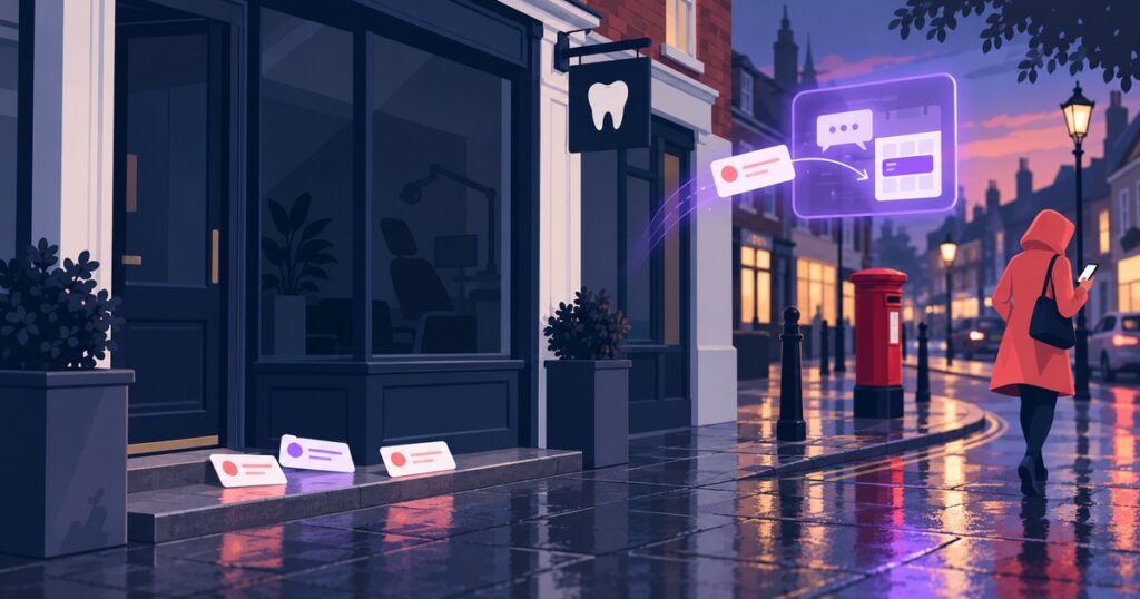 A closed dental practice on a British high street at dusk, unanswered enquiry cards resting on the doorstep while one is picked up and answered by a chat panel.