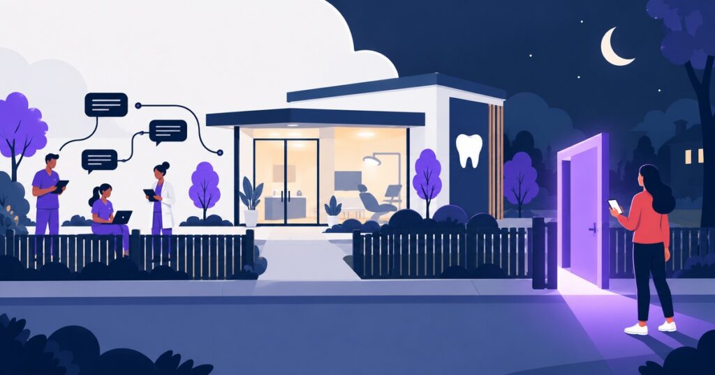 A dental practice at night, staff messaging outside while a patient arrives at the lit entrance.
