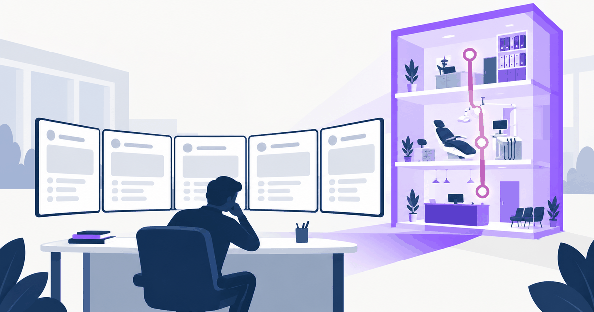 A person watching five separate software demos while a single connected system runs a whole practice.