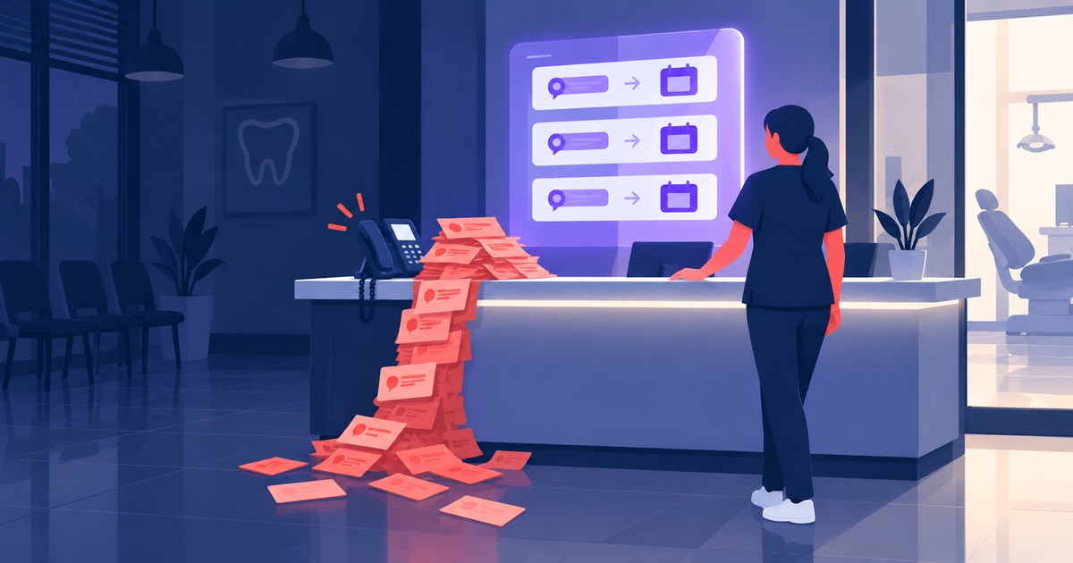 A dental practice reception after hours, phone messages piled across the counter while a screen behind shows three of them already turned into booked appointments.
