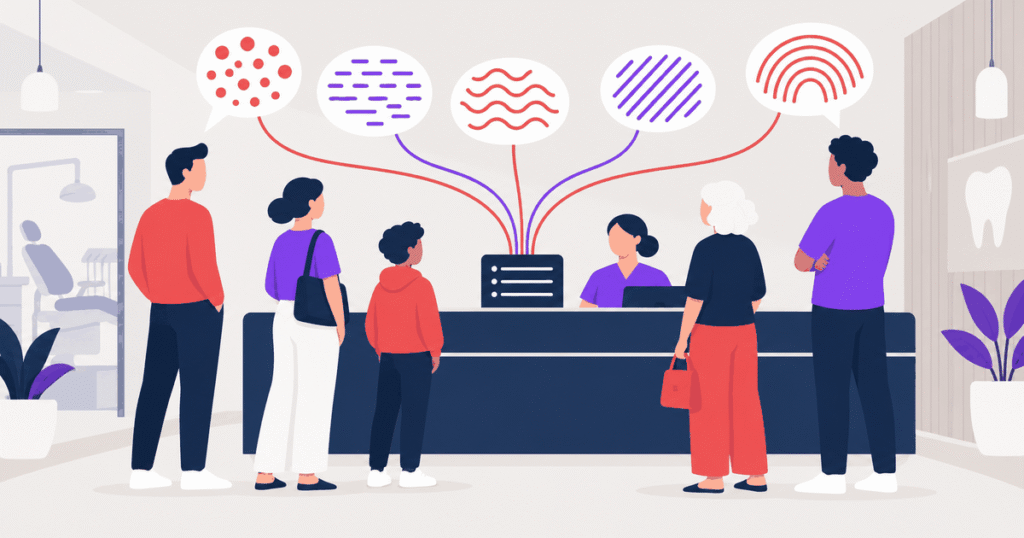 Patients queuing at a dental reception desk, each speaking a different language shown as a distinct script pattern.