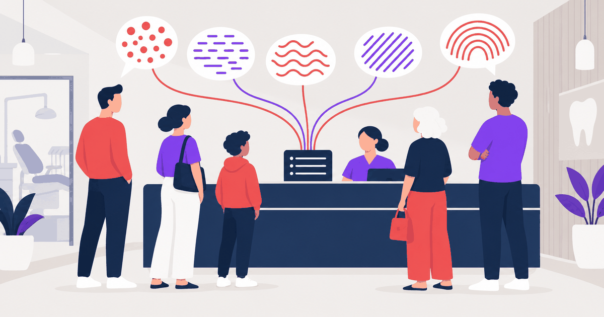 Patients queuing at a dental reception desk, each speaking a different language shown as a distinct script pattern.