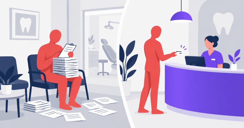 A patient buried in paper intake forms on one side, and the same patient handing over a single card at reception on the other.