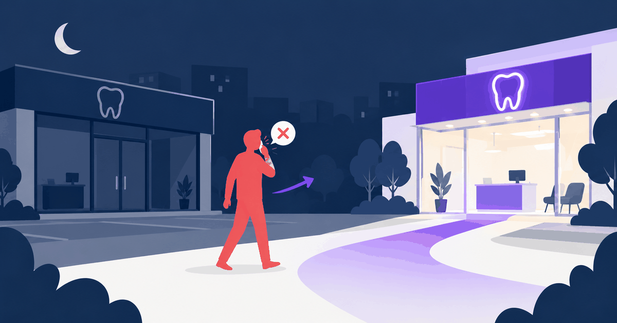 A patient outside a closed dental practice at night, turning toward a lit practice across the street.